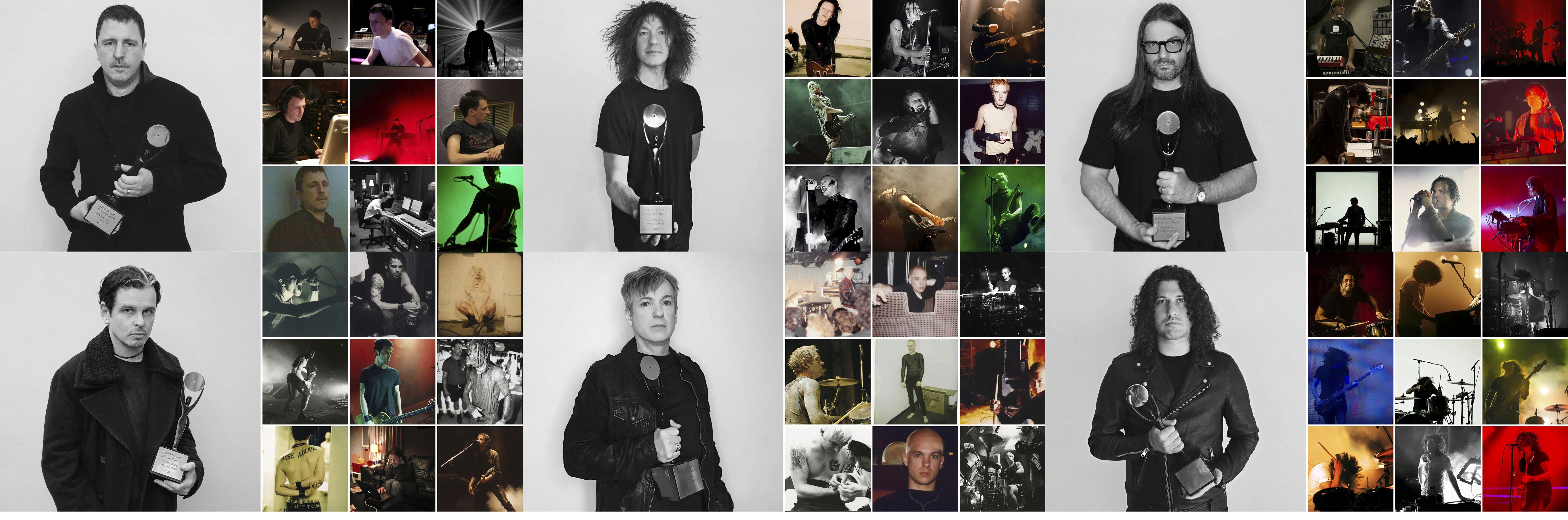 black abd white photos of each inducted member (minus Trent Reznor) holding their rock n roll hall of fame awards. next to each member is a colour grid of nine photos of them performing with NIN. top row: Atticus Ross, Robin Finck, Alessandro Cortini bottom row: Danny Lohner, Chris Vrenna, Ilan Rubin