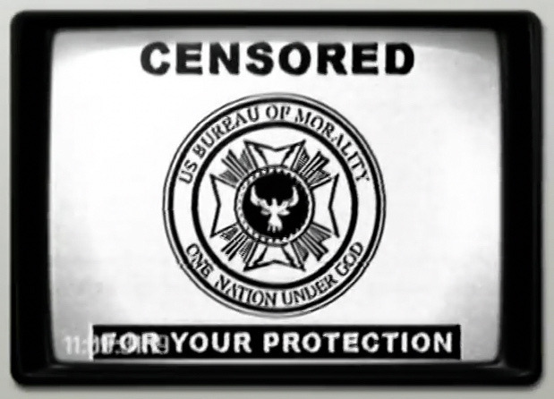 image of a CRT TV displaying the logo of the fictional U.S Bureau of Morality. The text reads Censored for your protection. with the slogan one nation under god