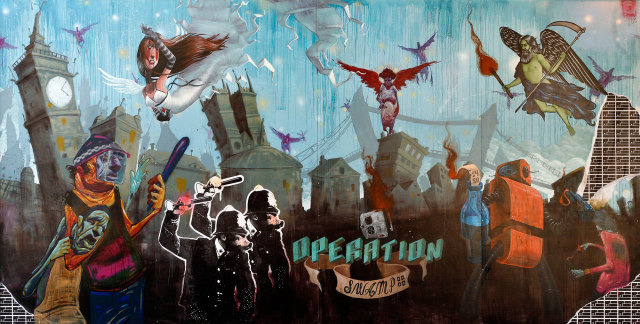 a billboard showing big ben, police beating a man and police with pig heads raising their batons. The scene is surrounded by various angel and demon like figures and shows the words operation swamp 0000