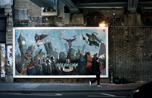 the above billboard shown in context on the street in Brixton where it was found. A man (trent reznor) wearing all black is walking infront of it