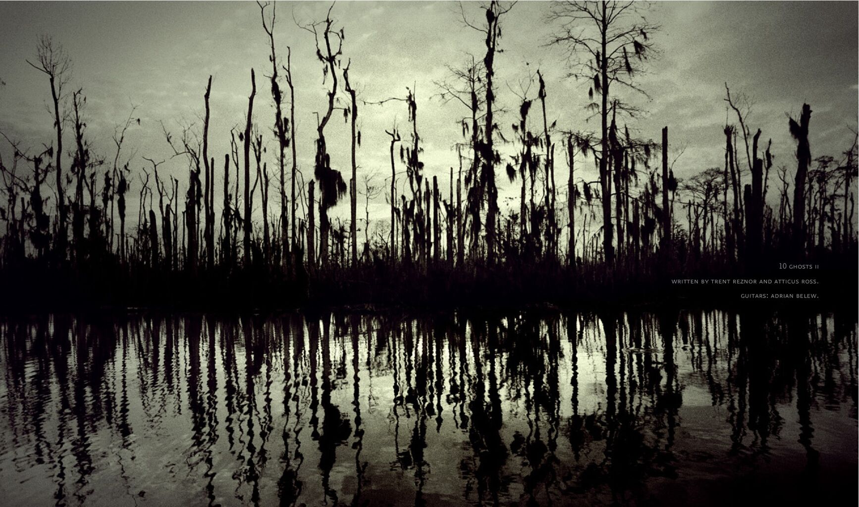 black and white photo of dead trees reflected in a lake. On the right hand side it says 10 Ghosts II written by Trent Reznor and Atticus Ross. Guitars: Adrian Belew.