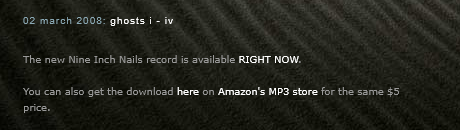 screenshot of Trents post on nin.com saying The new Nine Inch Nails record is available RIGHT NOW! with a link below