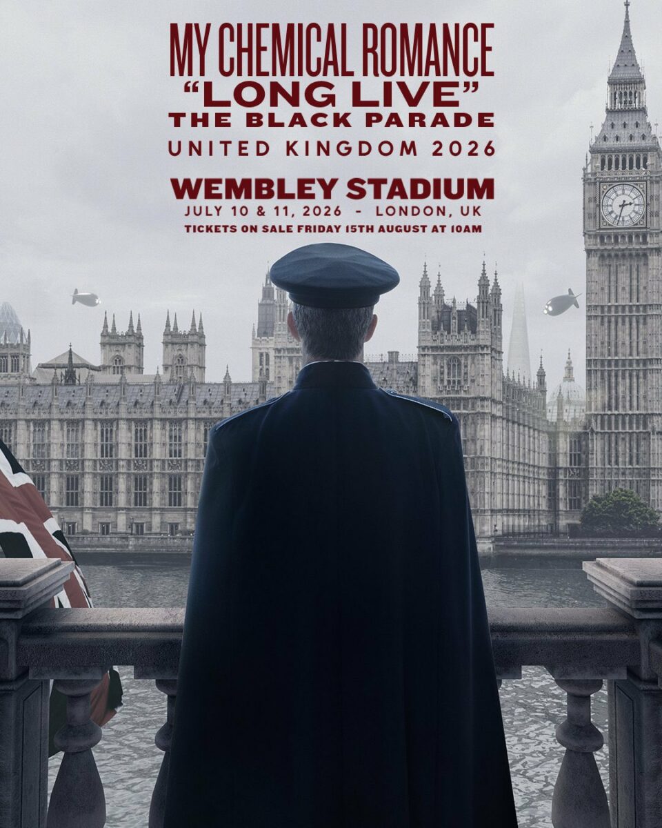 poster featuring a man in military uniform with his back to the viewer looking out at the Houses of Parliment. The text above him reads My Chemcial Romance 