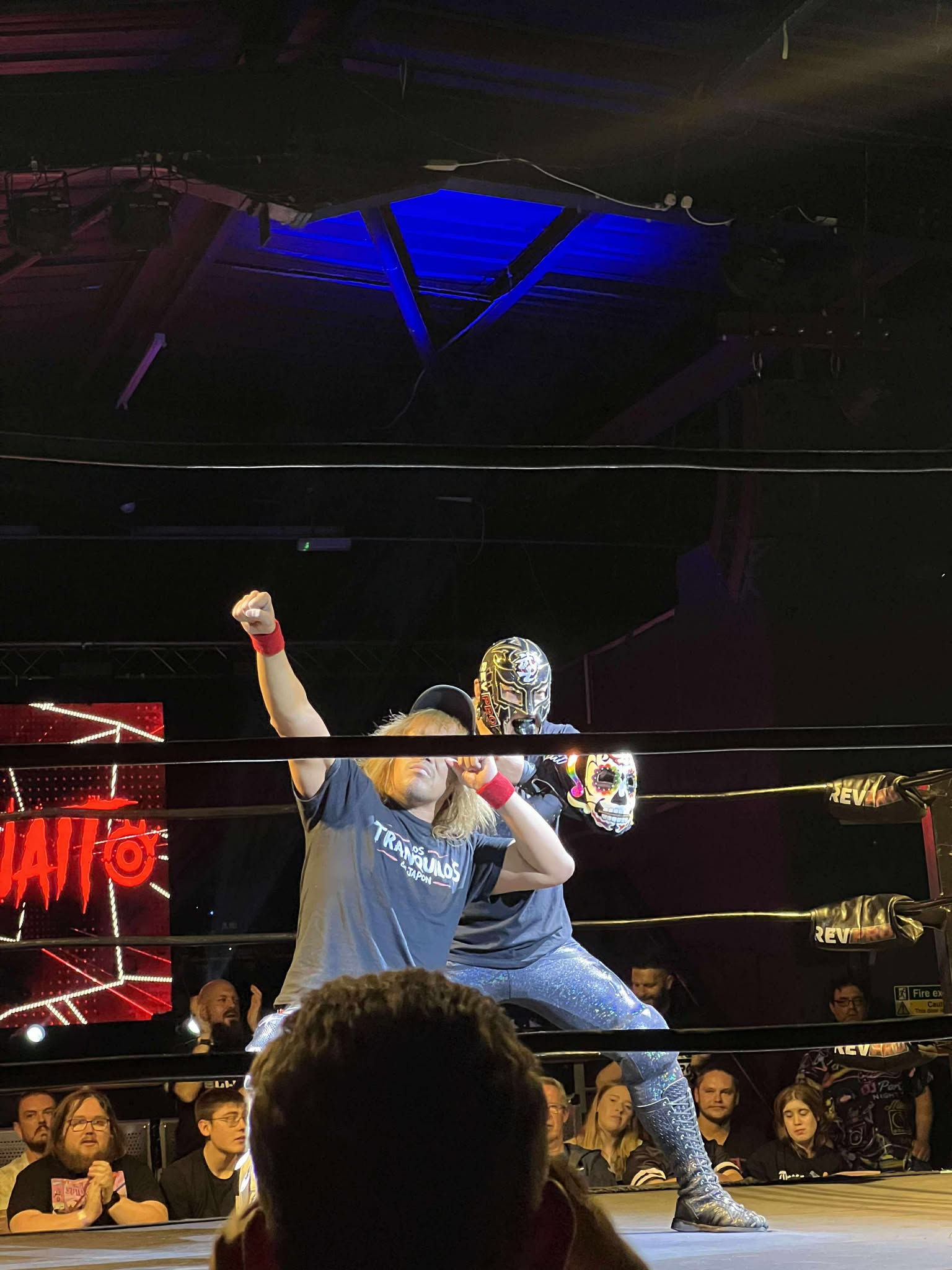 Wrestlers Naito and Bushi stood in the wrestling ring posing. The ropes are obscuring Naitos eyes