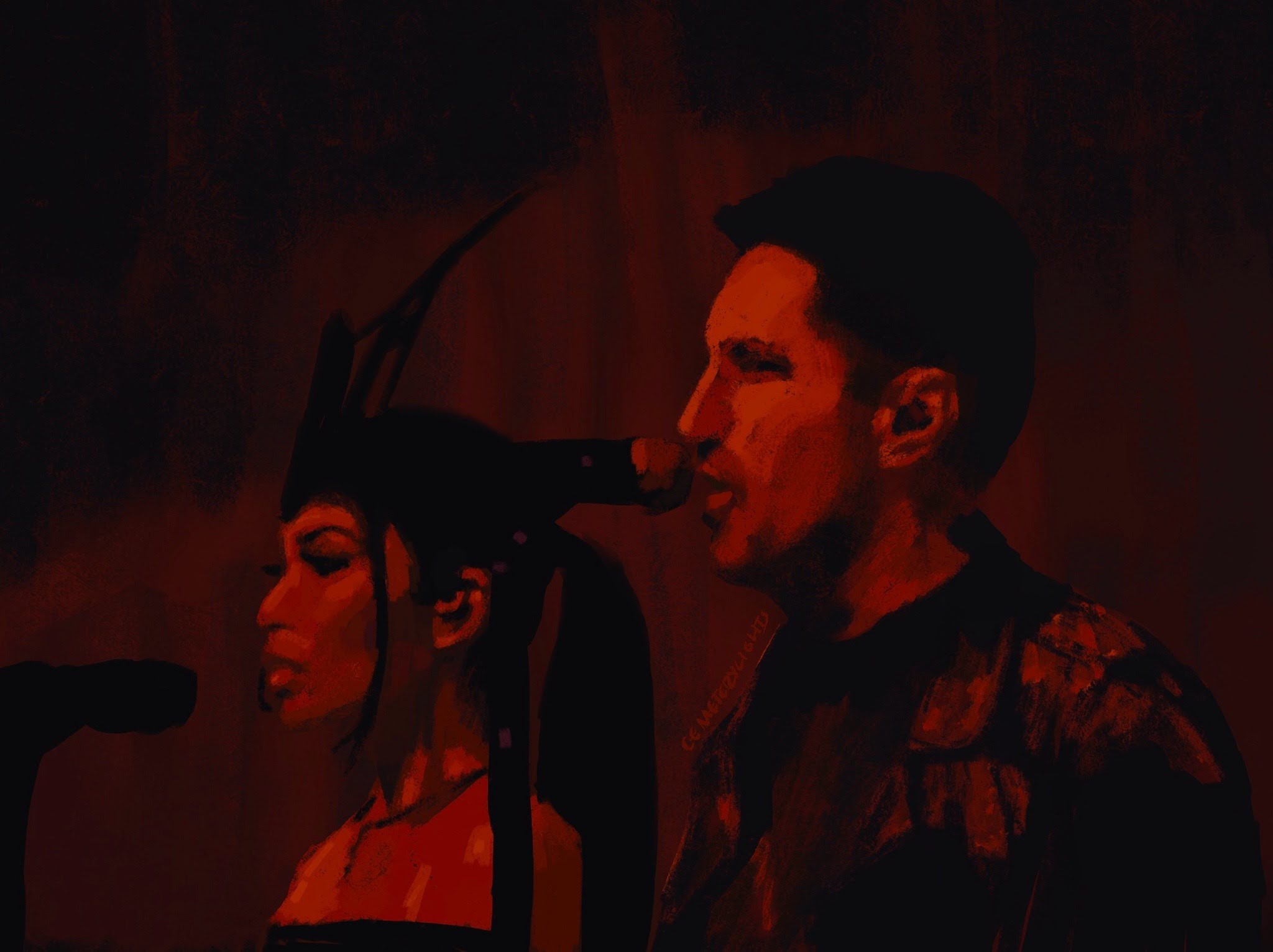 black and red painting showing Mariqueen Maandig and Trent Reznor singing side by side