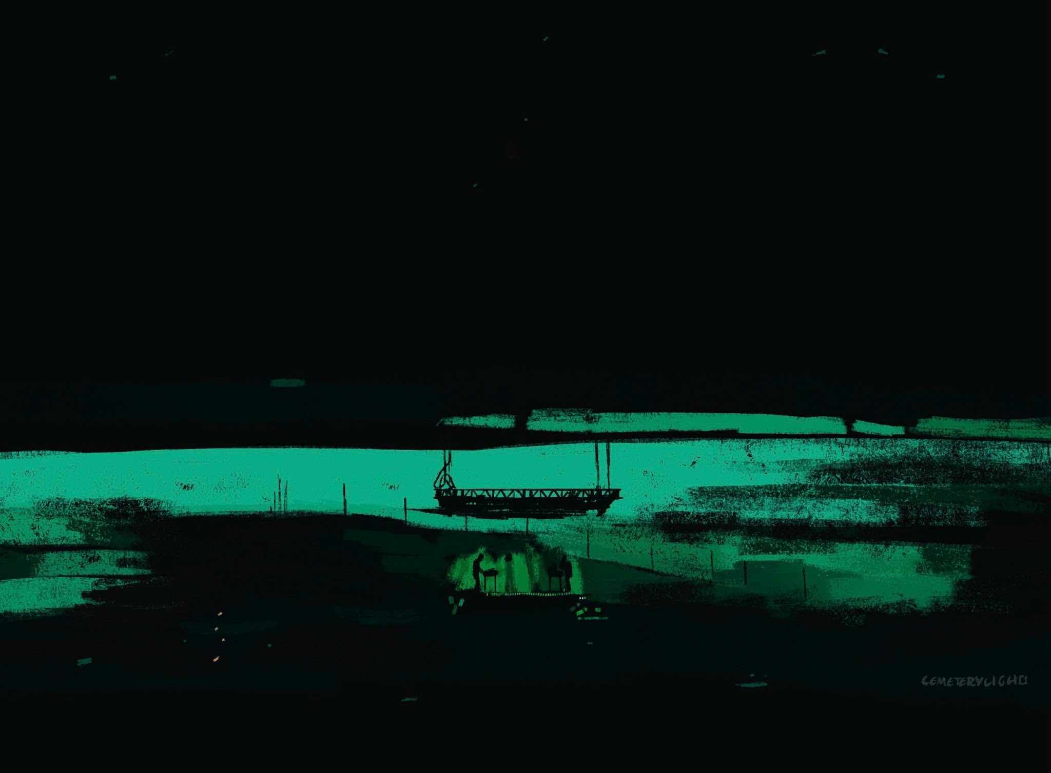green and black painting showing the tiny silhouettes of atticus ross, boys noize and the overhead lighting rig in the centre against giant strokes of green