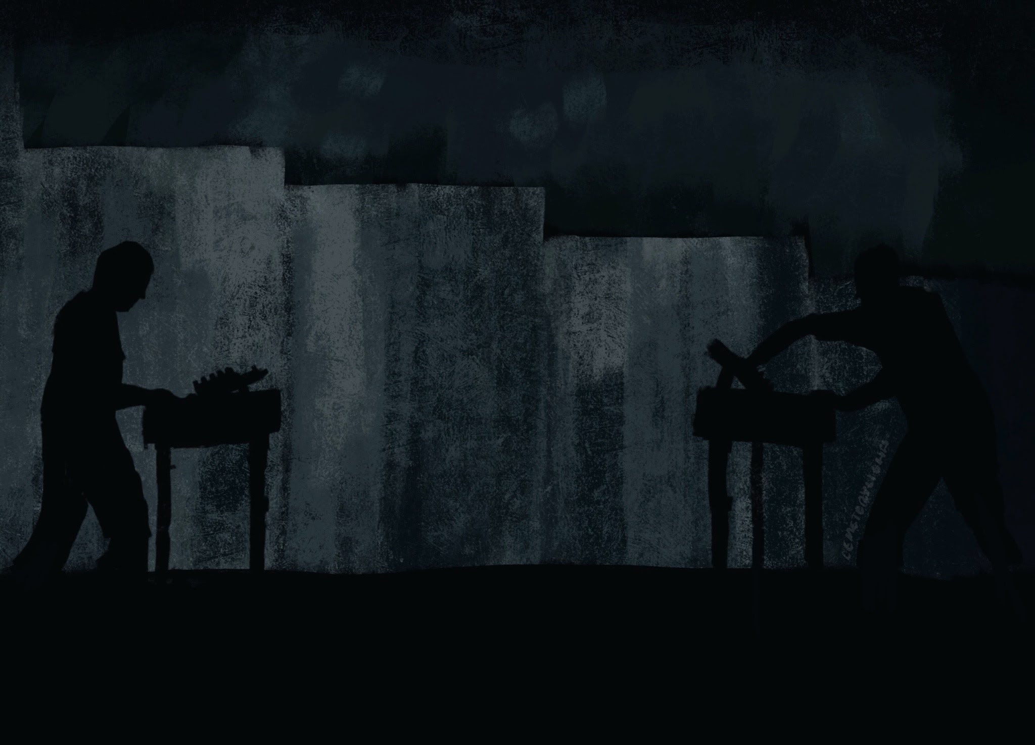 grey, blue and black painting showing the silhouettes of atticus ross and boys noize