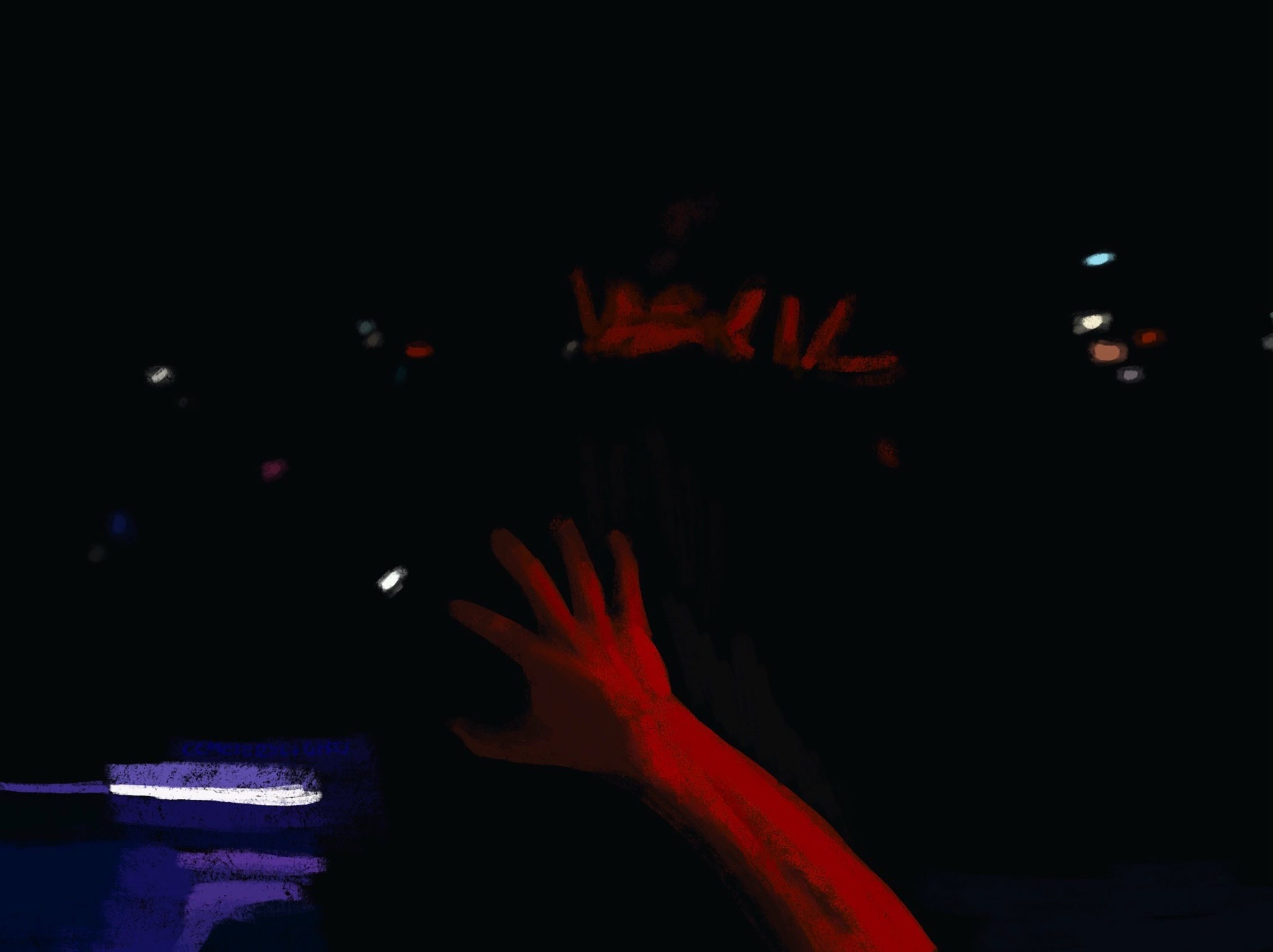 black and red painting showing the back of Trent Reznor with a red hand reaching up to grab him