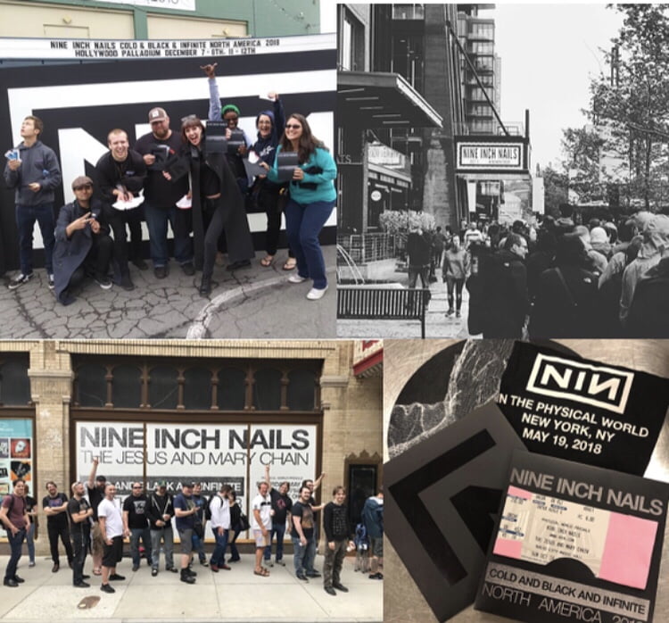 3 photos showing fans queing to get tickets. Fourth photo shows a fans physical ticket saying Nine inch nails: Cold black and infinate north america 2028 
