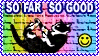 stamp of a falling cat that says so far so good