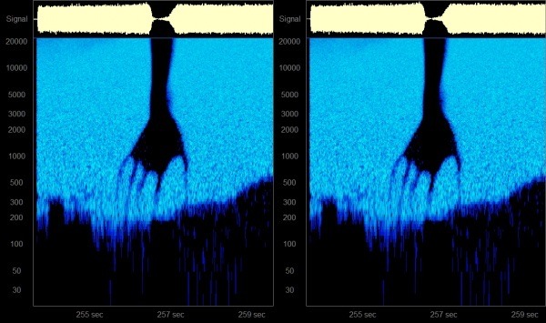 two side by side spectrometer images showing a hand reaching downwards
